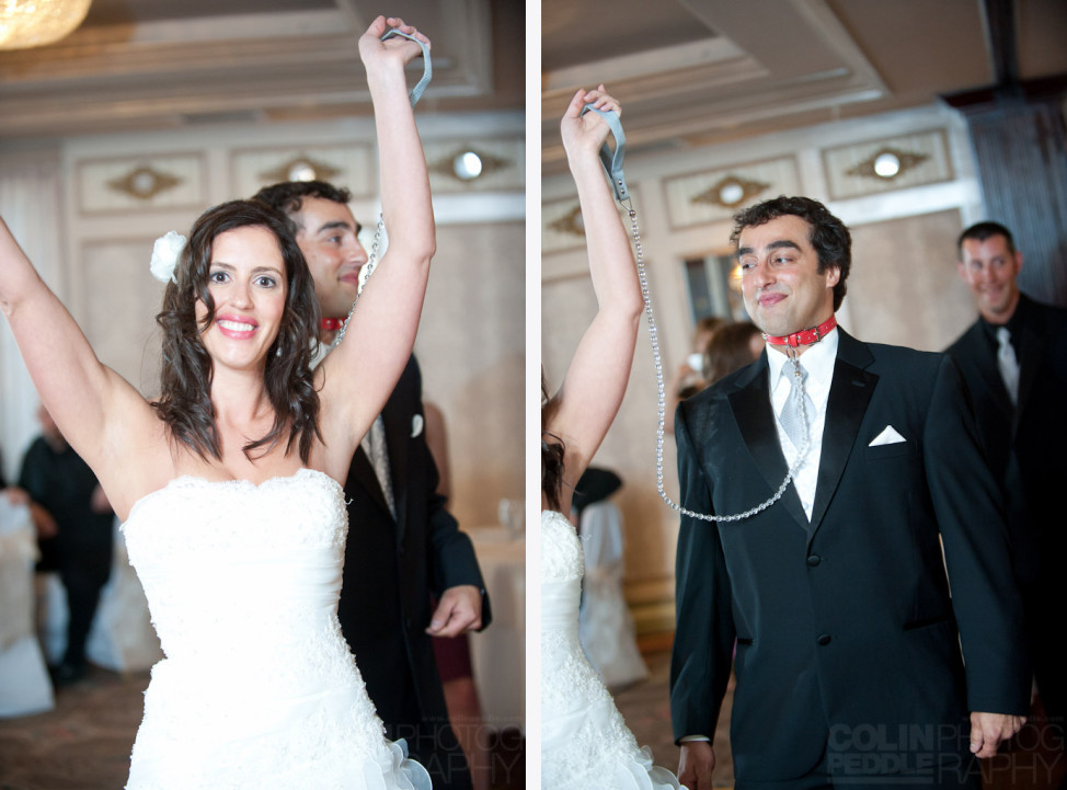 The bride leads her man with a dog leash.