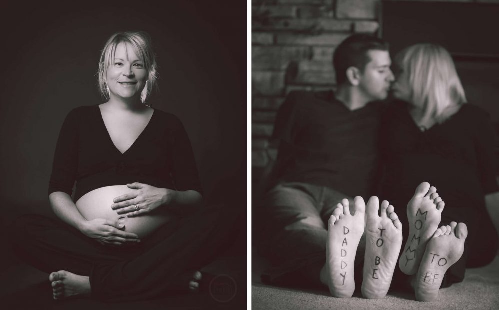 A happy expecting couple pose for maternity photographs, with one photo showing their feet with the wors "Daddy and Mommy To Be" written on them.