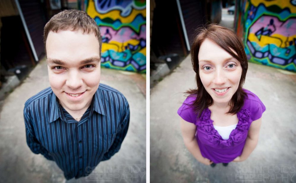 In a set of side by side photographs a couple are posed humorously and shot with a super wide angle lens.