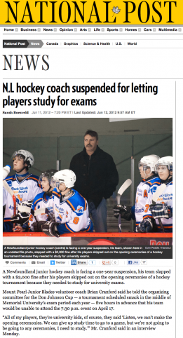 A picture of local hockey coach Brian Cranford in The National Post Newspaper
