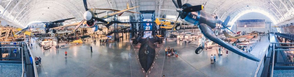 A pano of the main area in the Udvar-Hazy Center Smithsonian.