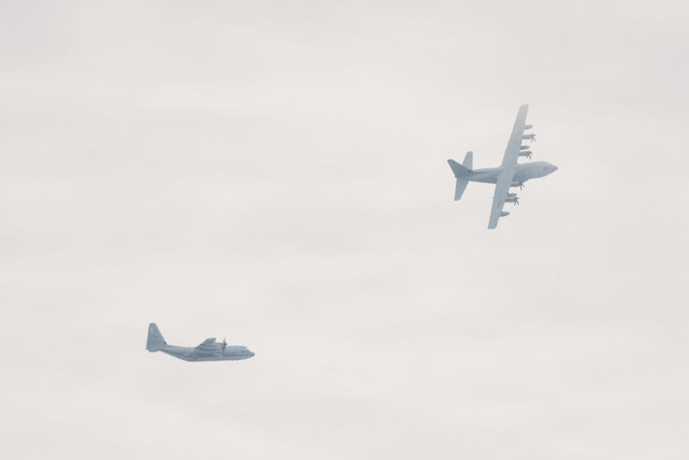 Two C130s bank hard to line up for landing on runway 29 at St. John's International