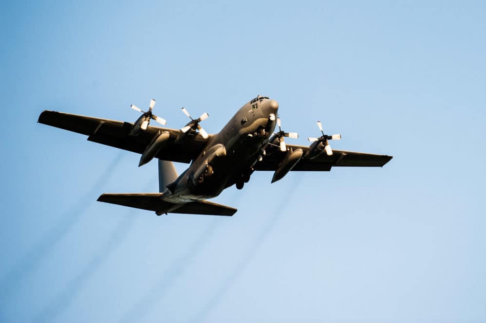 A C130 plane takes off from St. John's International Airport CYYT.