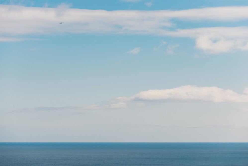 A cougar helicopter returns from Hibernia Oil Platform.