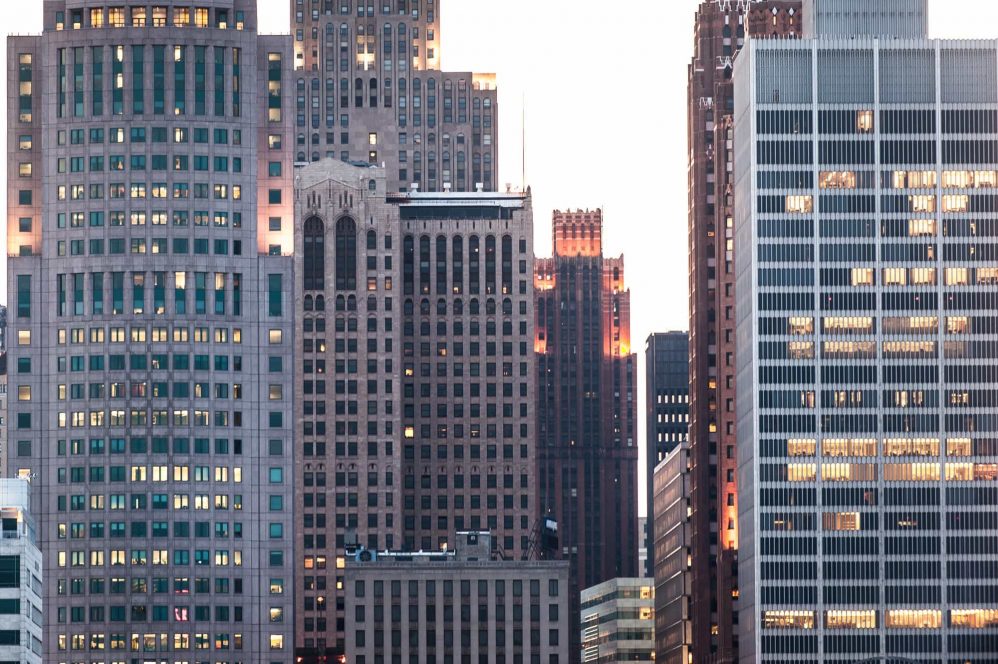 Detroit, MI, USA - Close up of the Detroit skyline at sunset.