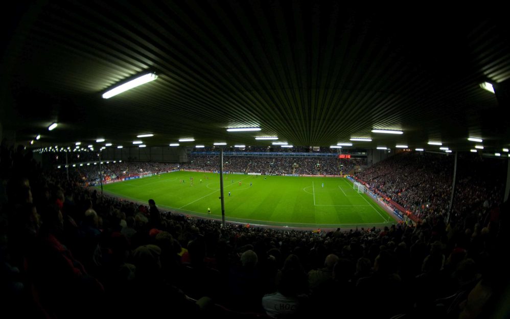 The stadium in Anfield, Liverpool, England during a Champions League matchup between Liverpool and Bordeaux. I think final score was something along the lines of 5-3 for Pool.