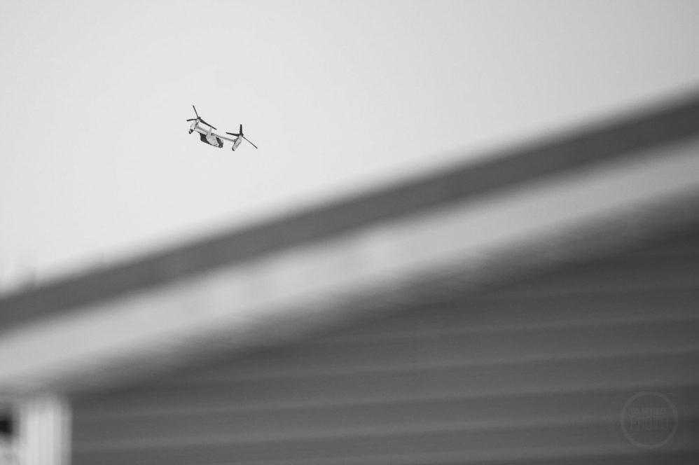 A USMC V22 Osprey flies over Torbay in Newfoundland Canada