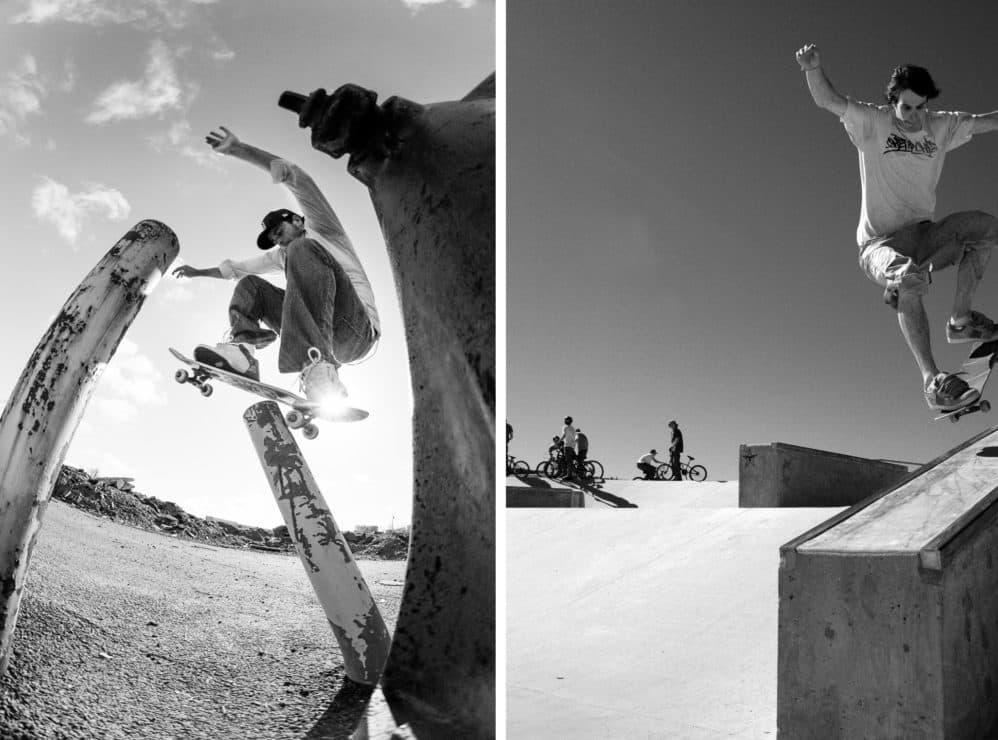 Ian Madigan clips the pole on the left while Ryan Pryor slides a huge nose grind.