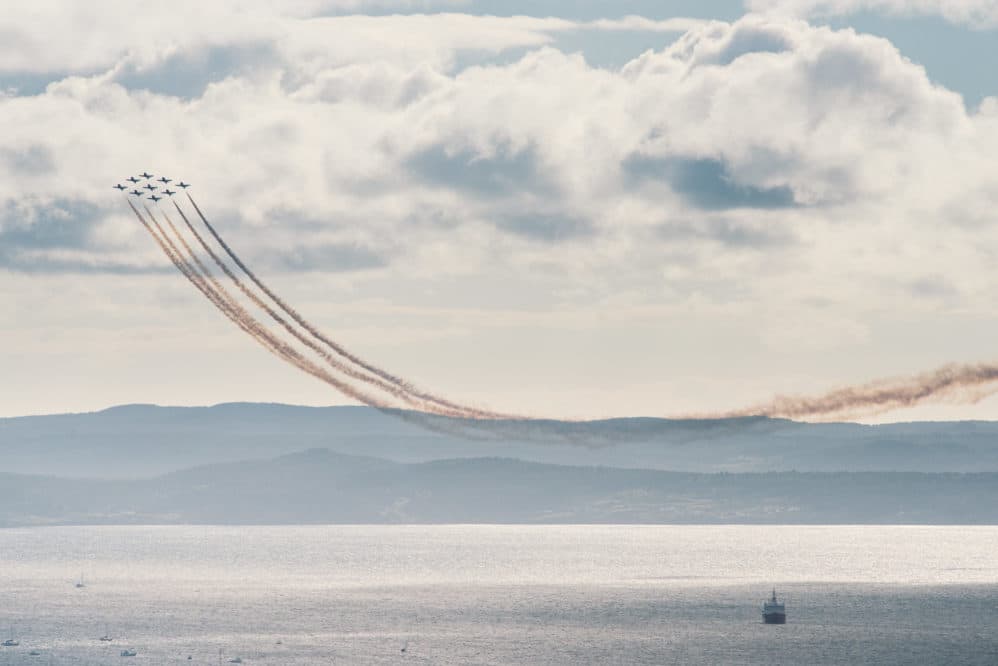 Snowbirds flying together over CBS in Newfoundland.