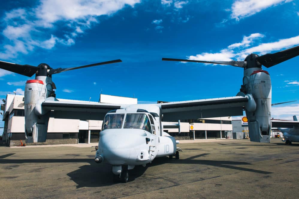 A close of a USMC V22 Osprey.