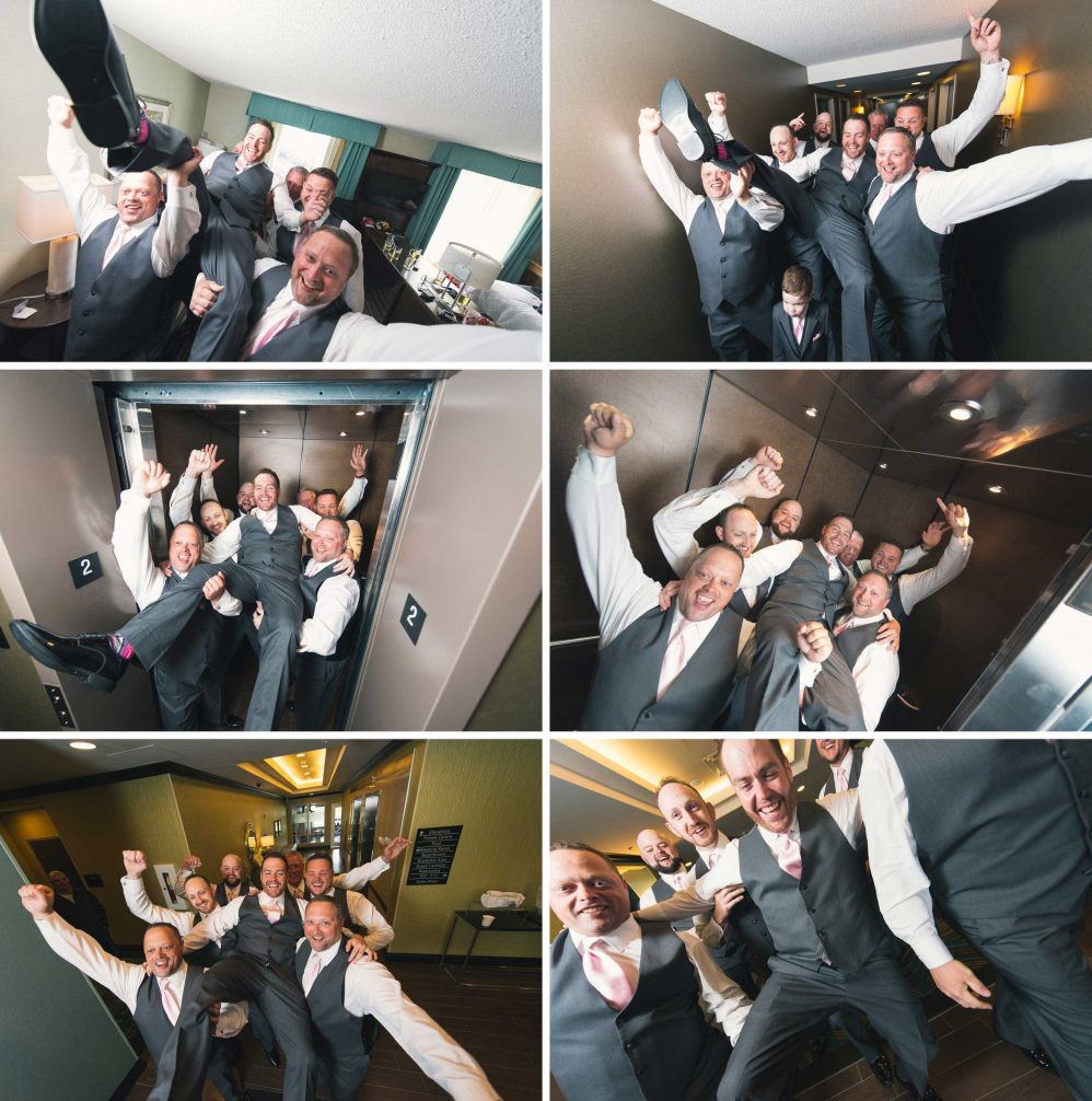 The groomsmen thought it a great idea to carry Matty to his ceremony.