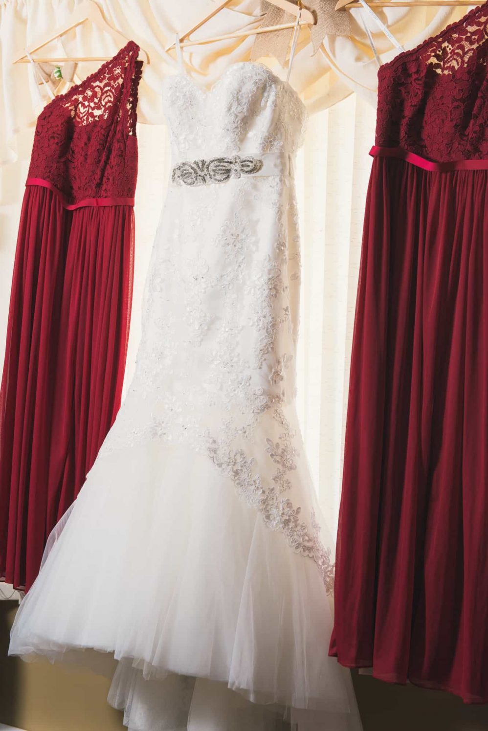 The brides dress and bridesmaids dresses.