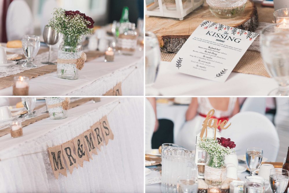 The table arrangements and favors from a Newfoundland rustic wedding.