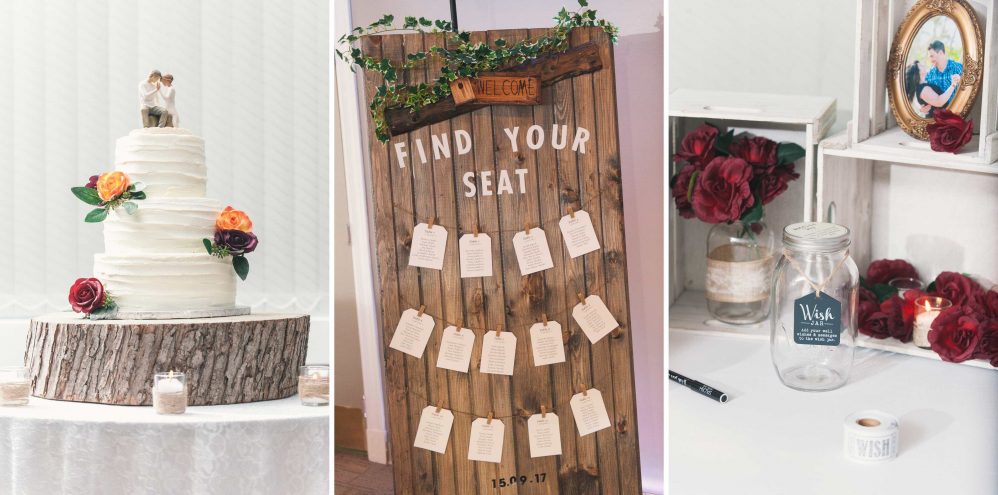 The cake and seating chart from a rustic wedding.