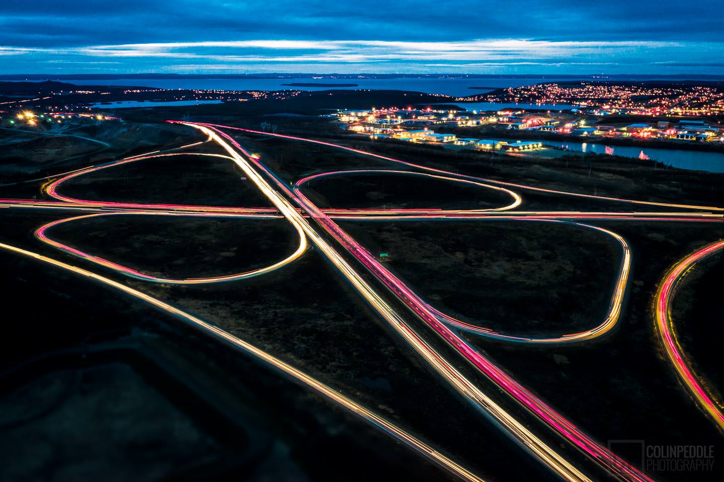 The only cloverleaf overpass in all of Newfoundland and Labrador. Pictured here in a time lapse photo with all of the traffic moving through every lane and ramp there is. One of my favorite all time photos, one I’d wanted to do for nearly 20 years.