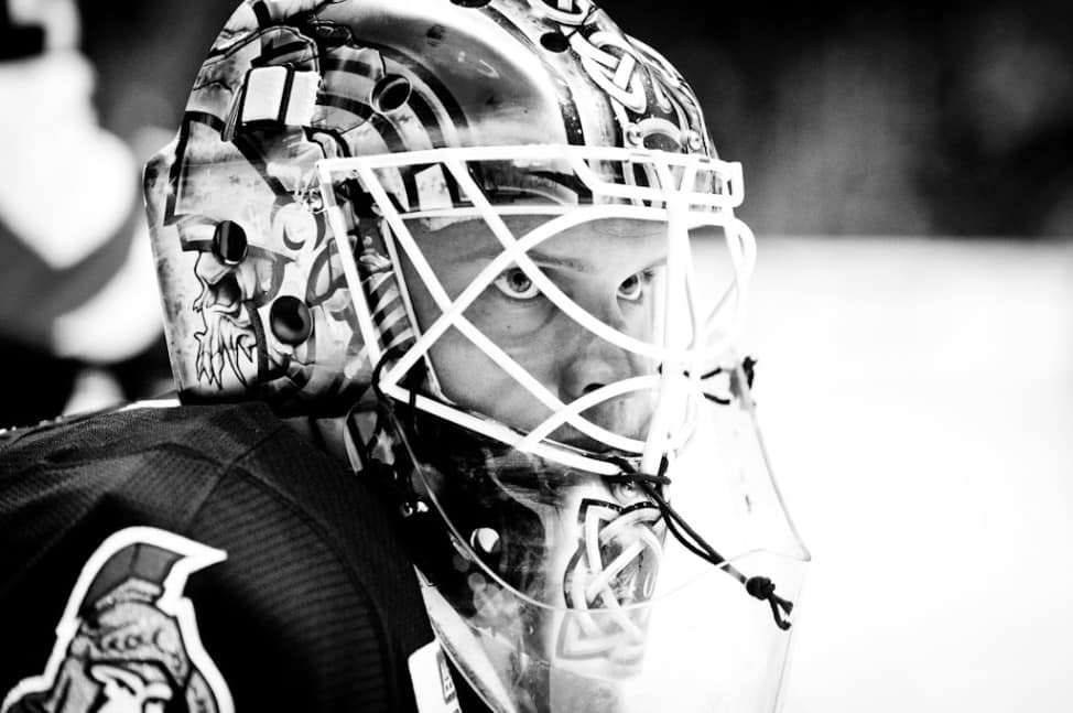 A black and white photograph of Robin Lehner during his time playing for the Binghamton Senators of the AHL