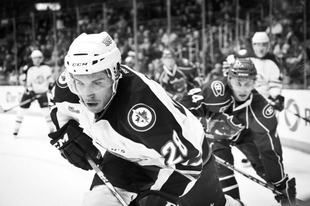 Patrice Cormier works in the corner during a regular season hockey game featuing his St. John’s IceCaps vs the Hamilton Bulldogs