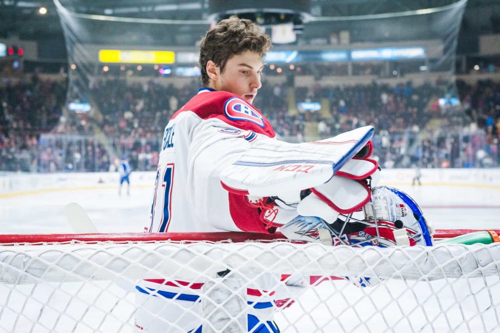 Zach Fucale, one time top goalie prospect for the Montreal Canadiens (and all around good kid) prepares to do battle after the national anthems have been sung.