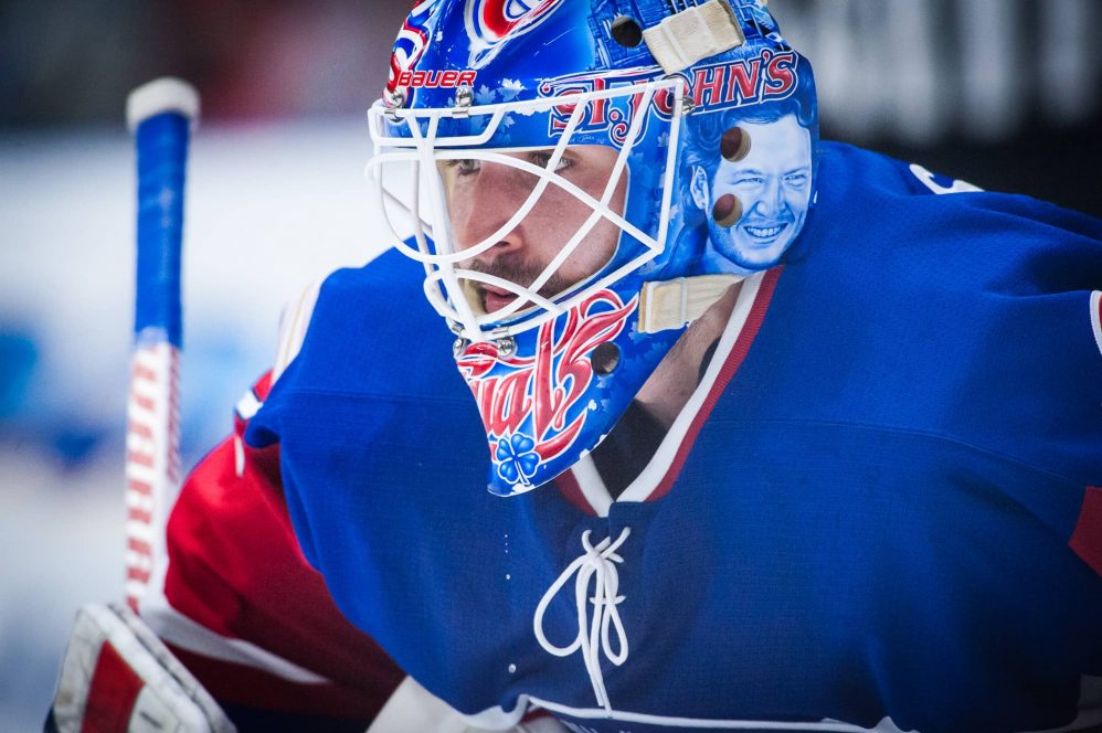 Eddie Pasquale squares up before a faceoff in an unknown AHL hockey game during the 2016 season.