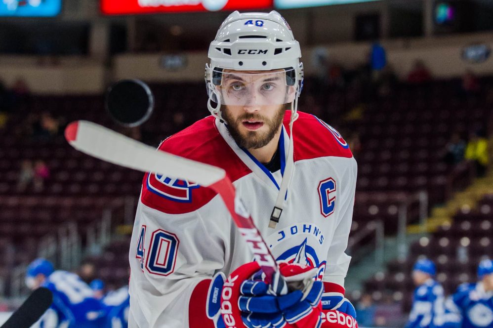 IceCaps captain, Gabriel Dumont works on some hand eye drills during pre-game skate.